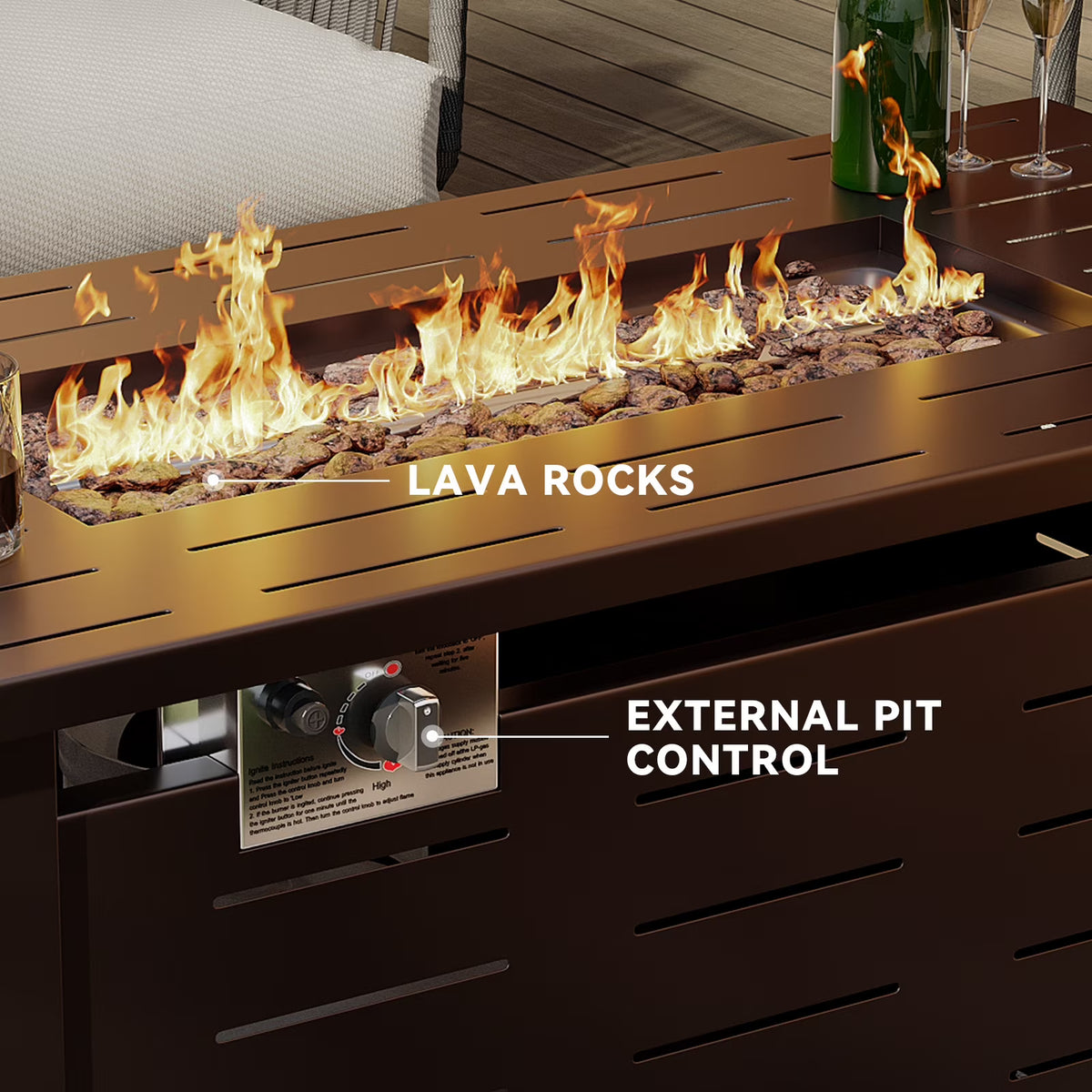 LazySunsets 42" Rectangle Propane Fire Pit Table – 50,000 BTU Outdoor Patio Heater with Removable Lid, Waterproof Cover & Lava Rocks, Brown