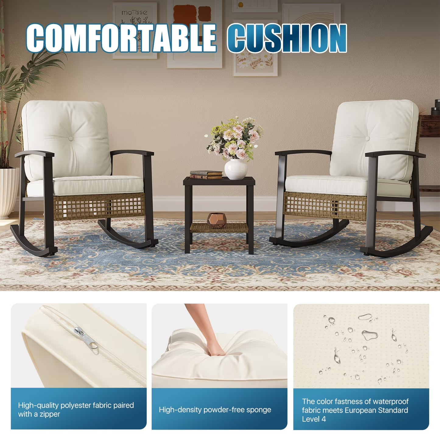Sunmthink Outdoor 3-Piece Patio Set with Rocking Chairs & Table - Includes Comfort Cushions, Perfect for Garden, Balcony, Backyard or Poolside (White)