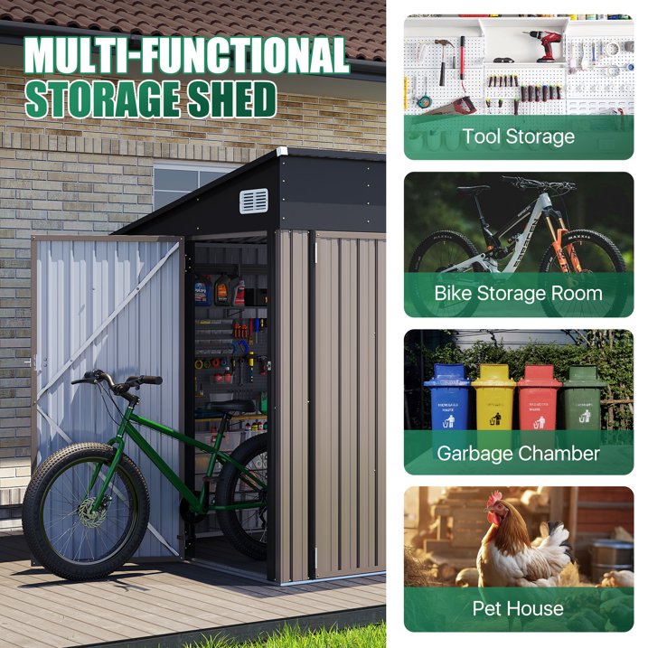 Clouddwell 8ft x 6ft Heavy-Duty Metal Storage Shed with 3 Doors, Lockable Lean-To Design, Weatherproof for Garden & Tools (Brown)