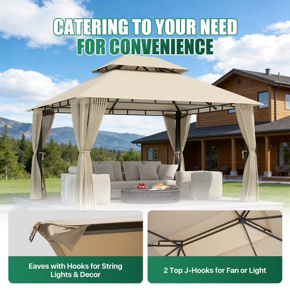 LazySunsets 12'x 10' Patio Gazebo Double Roof Protection All-Weather Outdoor Shelter Features Insect Screens for Backyard, Lawn, (Beige)