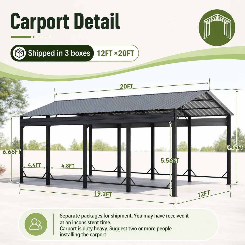 Dateyes 12x20 FT Heavy Duty Metal Carport Canopy, Reinforced Frame & Stable Base Outdoor Shelter, Multi-Purpose Car Canopy for Cars, Trucks, Boats & Backyard Party Events