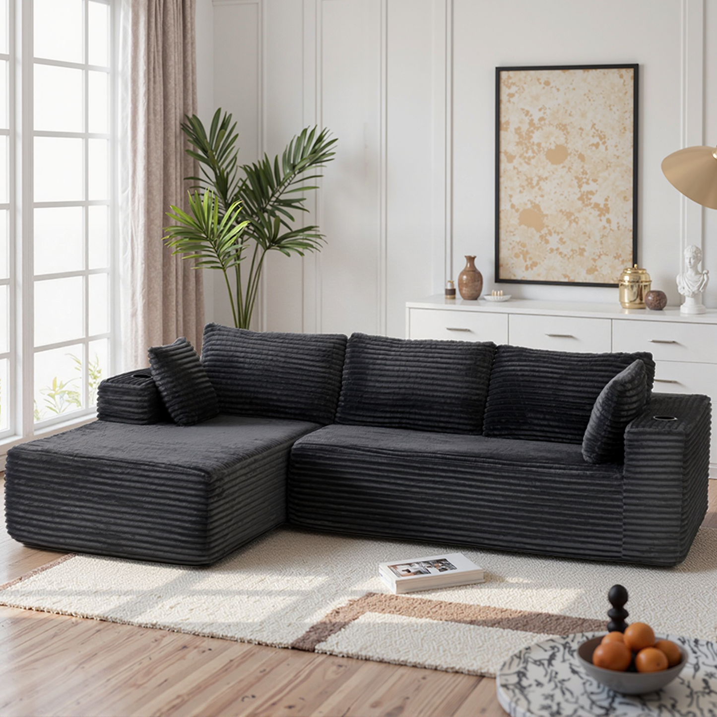 Sunmthink Cloud Couch Corduroy Modular Sectional Sofa L-Shape Boneless Couch with Wide Armrests and Cup Holders for Living Room Bedroom, No Assembly Required (Black)