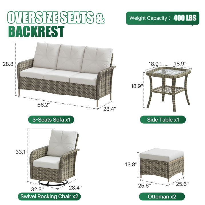 Sunmthink 6-Piece Patio Furniture Set, High Back Swivel Rocker Chairs with Thick Cushions, Wicker Rattan Outdoor Sectional Sofa with Ottoman, Gray