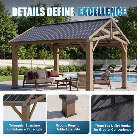 Sunmthink 12' x 14' Wood Frame Gazebo, Hardtop Gazebo with Galvanized Steel, Permanent Wooden Pavilion for Patio Backyard Lawn Garden
