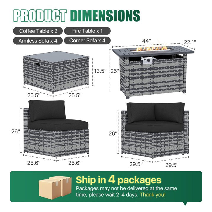 Clouddwell 11 Piece Patio Furniture Set with 44” Fire Pit Table Wicker Rattan Patio Conversation Set Outdoor Sectional Sofa Set with Coffee Table and Black Cushions(Waterproof Cover Included)