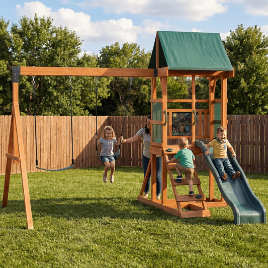 Clouddwell Wooden Swing Set for Backyard Playground Swingset with Slide Kid Outdoor Play Set with Play Deck, Rock Wall Ladder, Belt Swings, Chalkboard