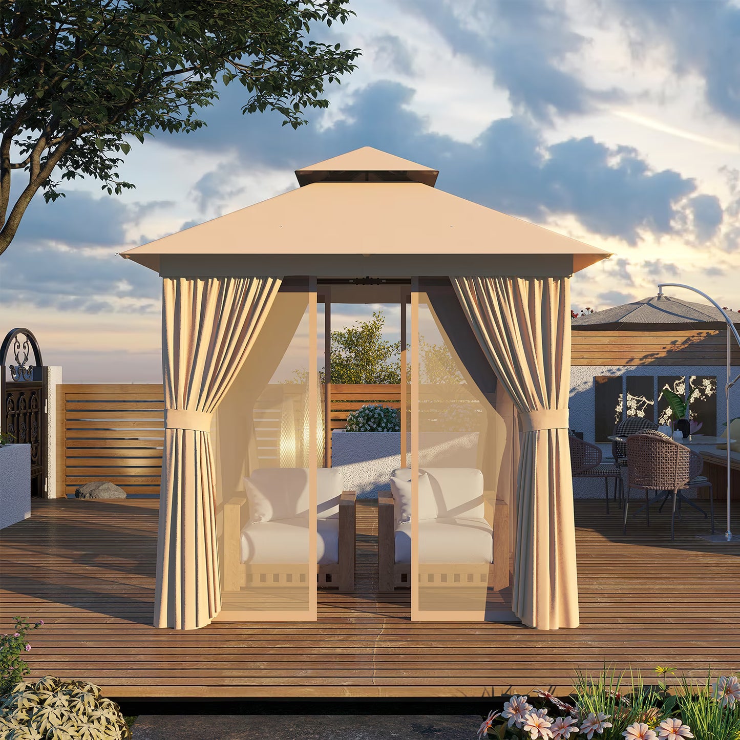 Sunmthink Outdoor Gazebo for Patio 8'x8', Metal Frame Canopy with Double Roofs, Heavy Duty Party Tent and Shelter with Mosquito Netting and Privacy Screen for Backyard,Garden,Deck (Beige)