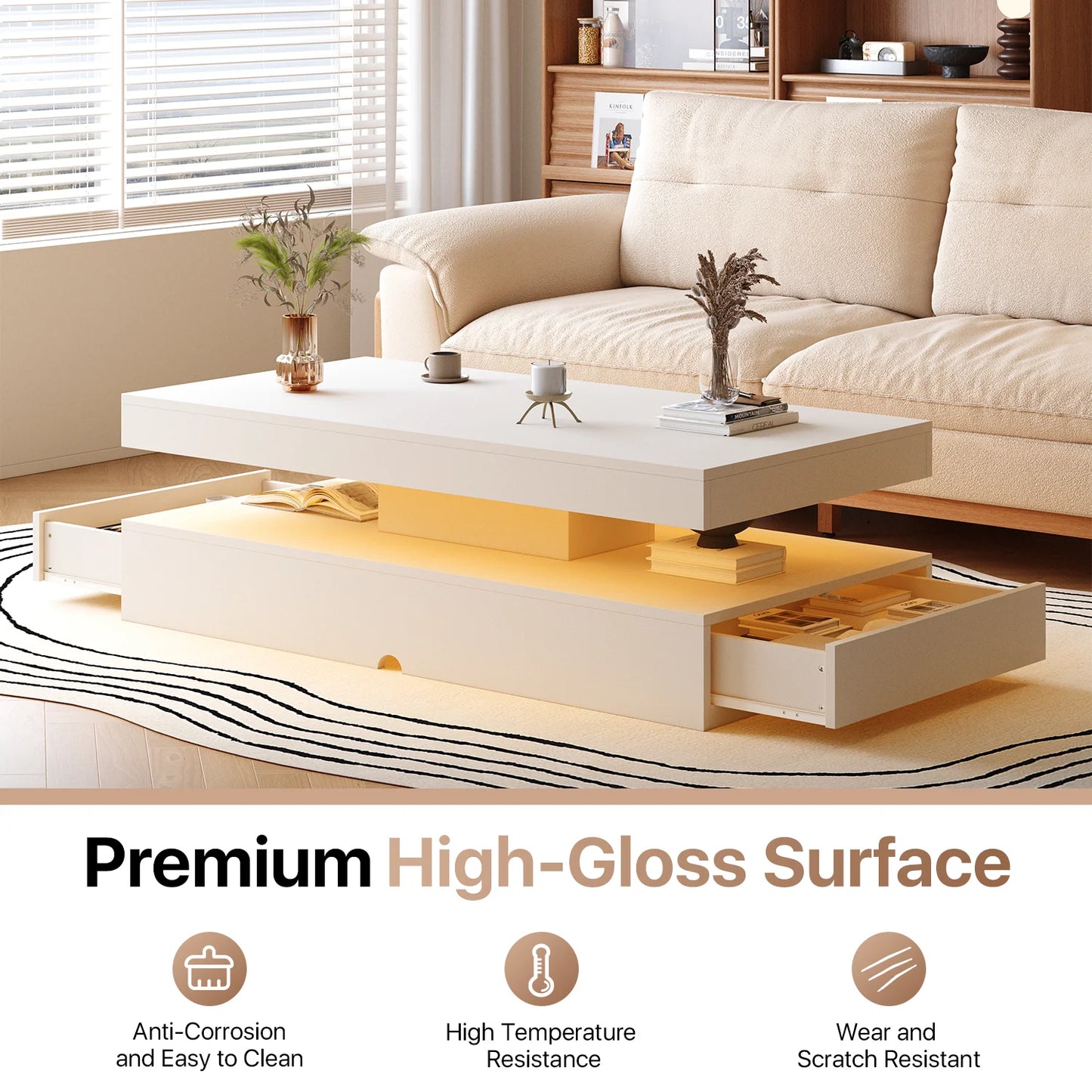 Sonegra 47" High-Glossy LED Coffee Table, Storage Coffee Table with 2 Sliding Drawers for Living Room, Modern Stylish Double-Layer Center Tables with LED Lights, White