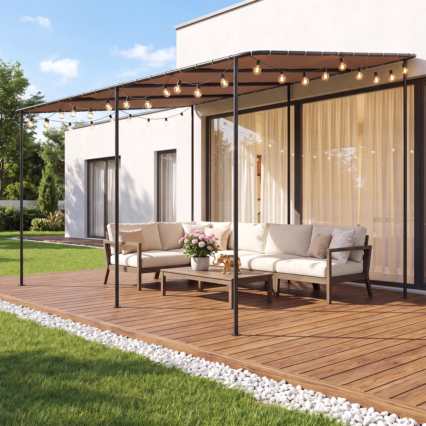 Clouddwell 12×16 FT Wall-Mounted Sloped Roof Outdoor Pergola Canopy, Water-Resistant & UV-Resistant Metal Patio Gazebo for Backyard Garden Porch in Khaki