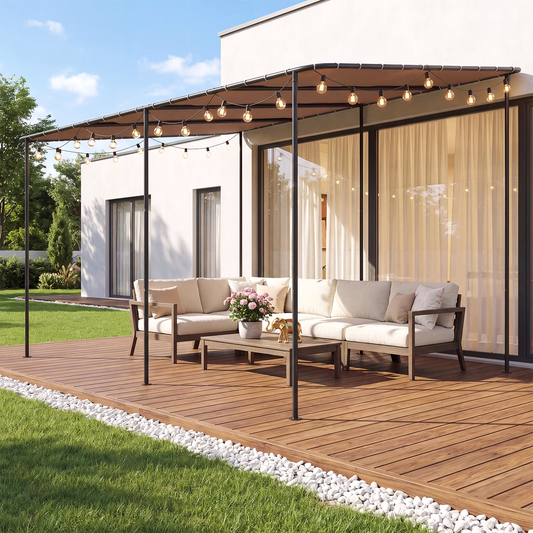 Clouddwell 12×16 FT Wall-Mounted Sloped Roof Outdoor Pergola Canopy, Water-Resistant & UV-Resistant Metal Patio Gazebo for Backyard Garden Porch in Khaki