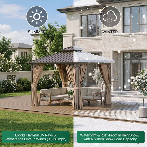 Dateyes 10x10 FT Outdoor Hardtop Gazebo, Aluminum Frame Gazebo with Removable Mesh Walls and Curtains for Patio, Lawns, Brown