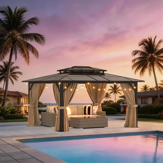 Sunmthink 12' x 14' Hardtop Gazebo,Polycarbonate Double Roof,Aluminum Frame with Curtains and Netting for Patio,Garden,Brown