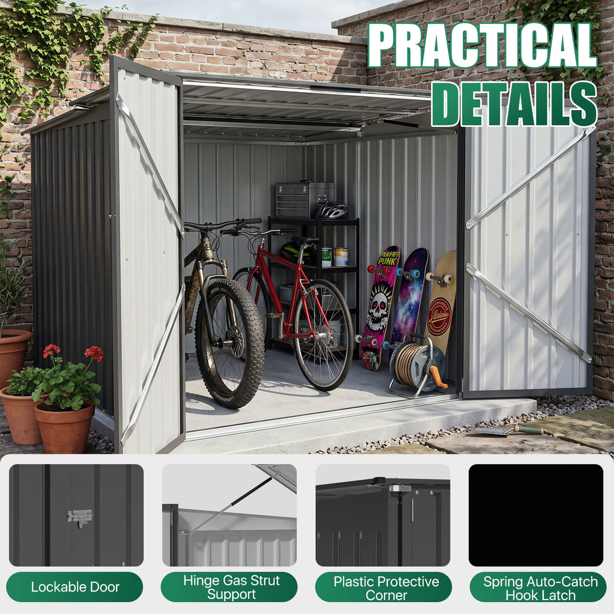 Dateyes Outdoor Storage Shed, 4.6x6.4 FT Bike Storage Shed with Flip Lid & Double Doors, Metal Outdoor Storage Cabinet for Garden, Backyard, Black