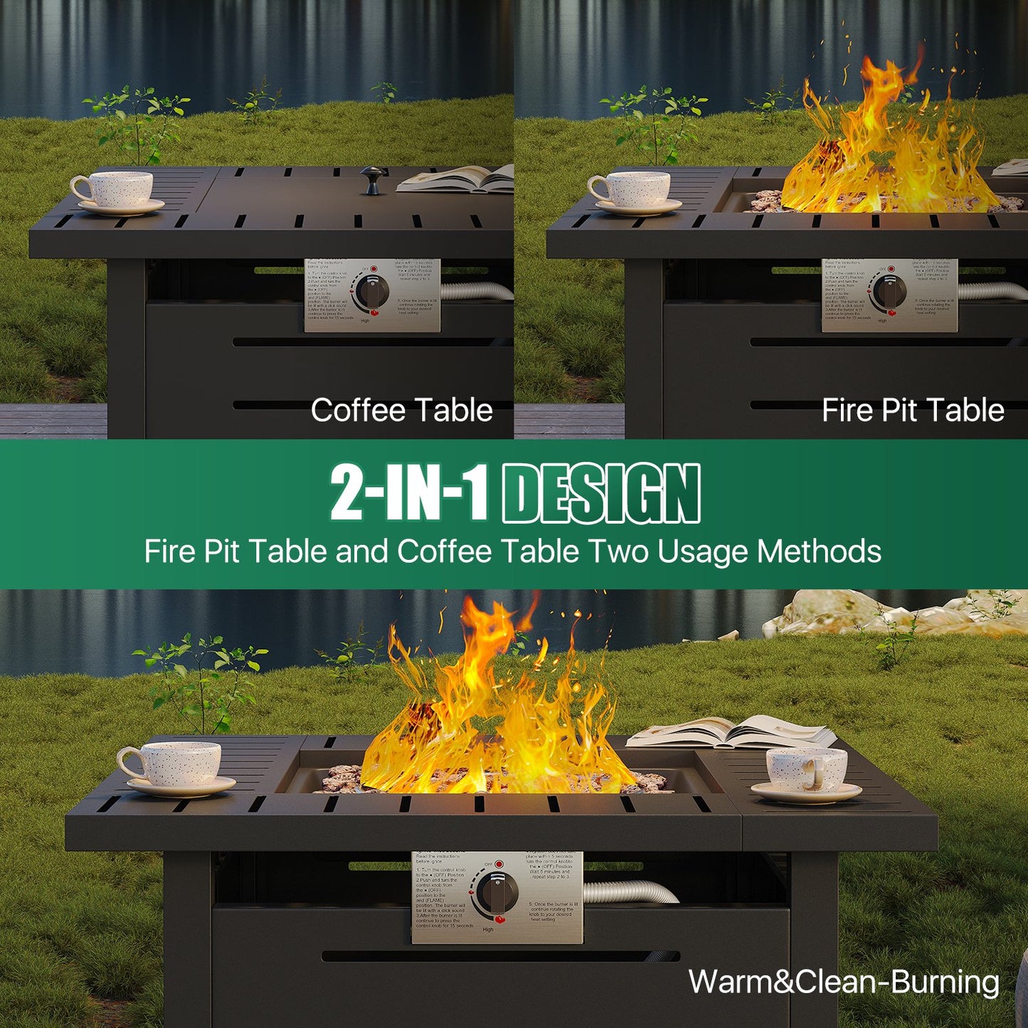 Clouddwell 28" Square 50,000 BTU Metal Fire Table with Lava Rocks & Weatherproof Cover