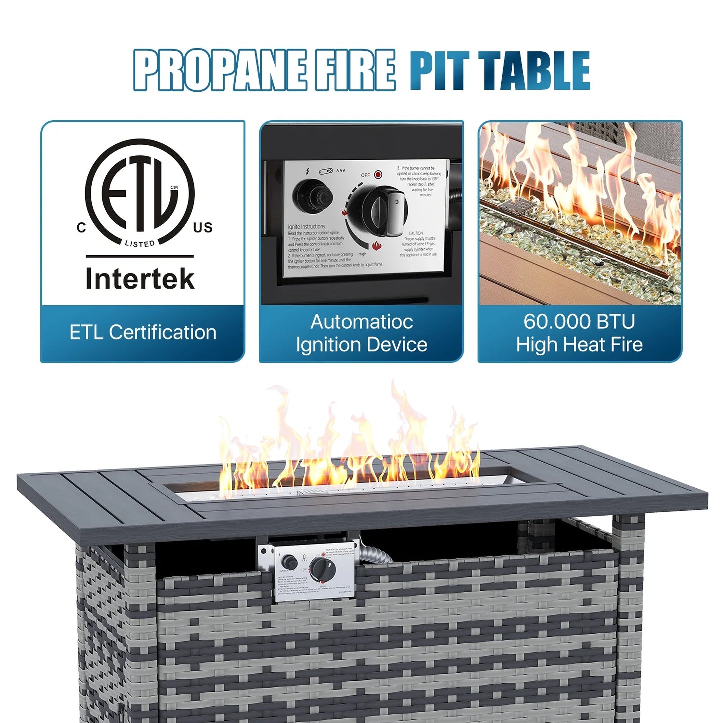 Sunmthink Patio Furniture Sets, 11-Piece Outdoor Patio Furniture with 44'' Propane Gas Firepit Table, Wicker Outdoor Conversation Set and Waterproof Cover for Backyard, Poolside, Garden