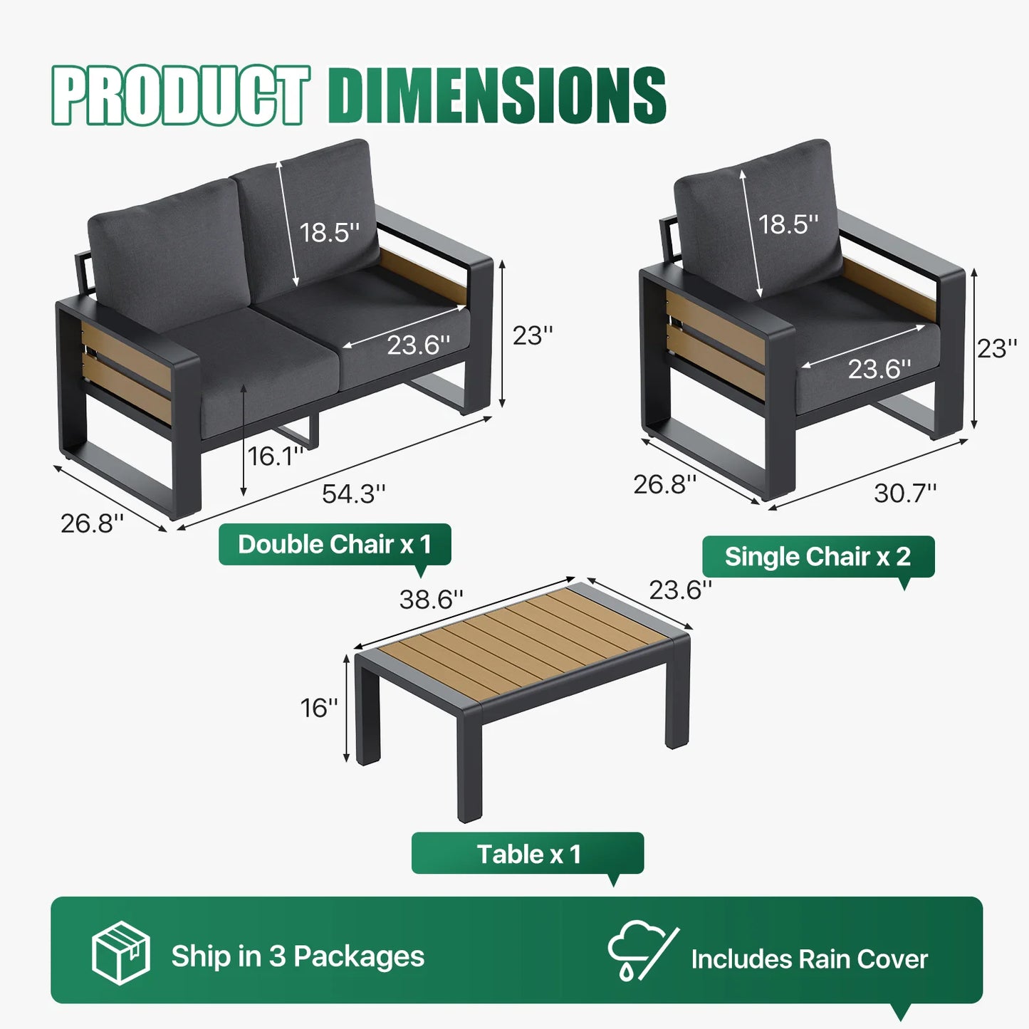 4-Seats Aluminum Patio Furniture Set, Outdoor Metal Sofa Conversation Set with Coffee Table for Pool Garden Porch Backyard, Dark Gray