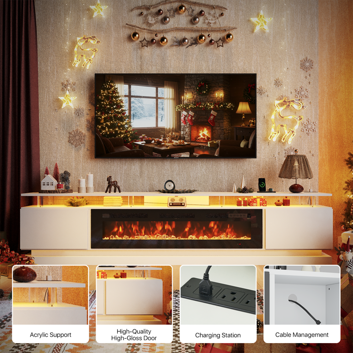 Sonegra Modern Fireplace TV Stand for TVs Up to 100" with music sync LED, 90" Fireplace Entertainment Center with Charging Station, TV Console with Storage Cabinets for Living Room, White
