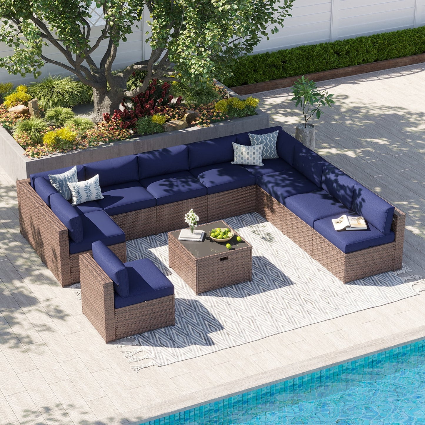 Clouddwell 11 Piece Patio Furniture Set Wicker Rattan Patio Conversation Set Outdoor Sectional Sofa Set with Coffee Table and Blue Cushions