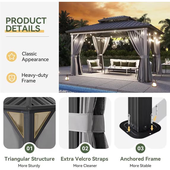 Aoxun 10'x14' Hardtop Gazebo, Aluminum Frame Canopy with Double Galvanized Steel Roof, Outdoor Metal Pavilion with Netting, Curtains for Backyard, Patio and Deck