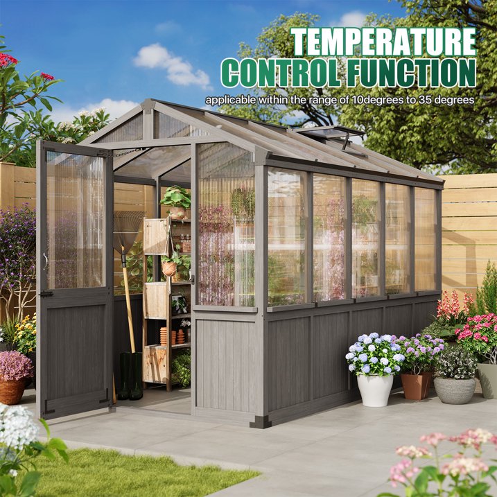 Clouddwell Large Outdoor Wooden Storage Shed, Polycarbonate Panels with Automatic Roof Vent & Lockable Door, Outdoor Walk-in Garden Greenhouse, 6x10 FT, Gray
