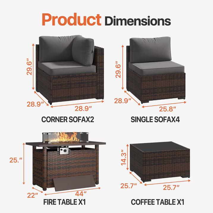 Dateyes 8-Piece Outdoor Patio Furniture Set with 44" Fire Pit Table, All-Weather Wicker Rattan Sectional Sofa with Coffee Table(Grey)