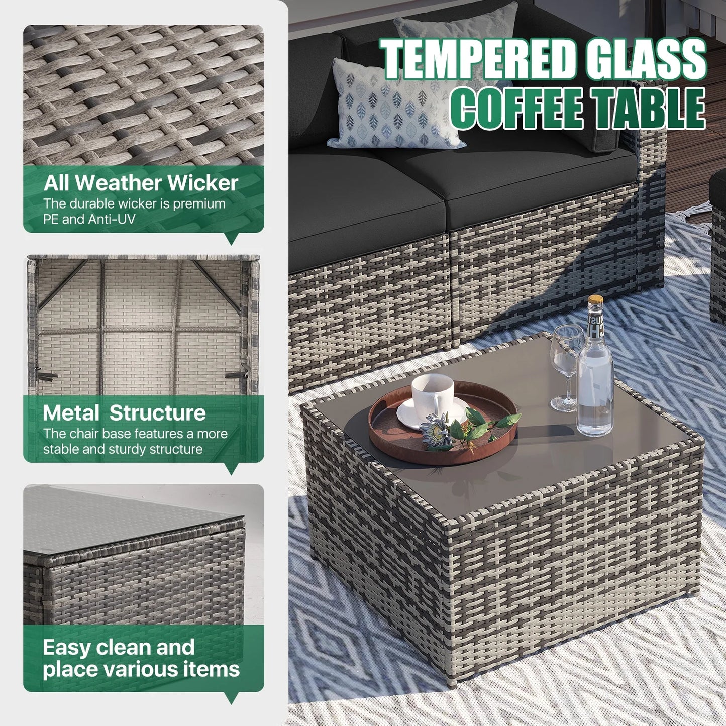 Clouddwell 12 Piece Patio Furniture Set with 44” Fire Pit Table Wicker Rattan Patio Conversation Set Outdoor Sectional Sofa Set with Coffee Table and Black Cushions(Waterproof Cover Included)