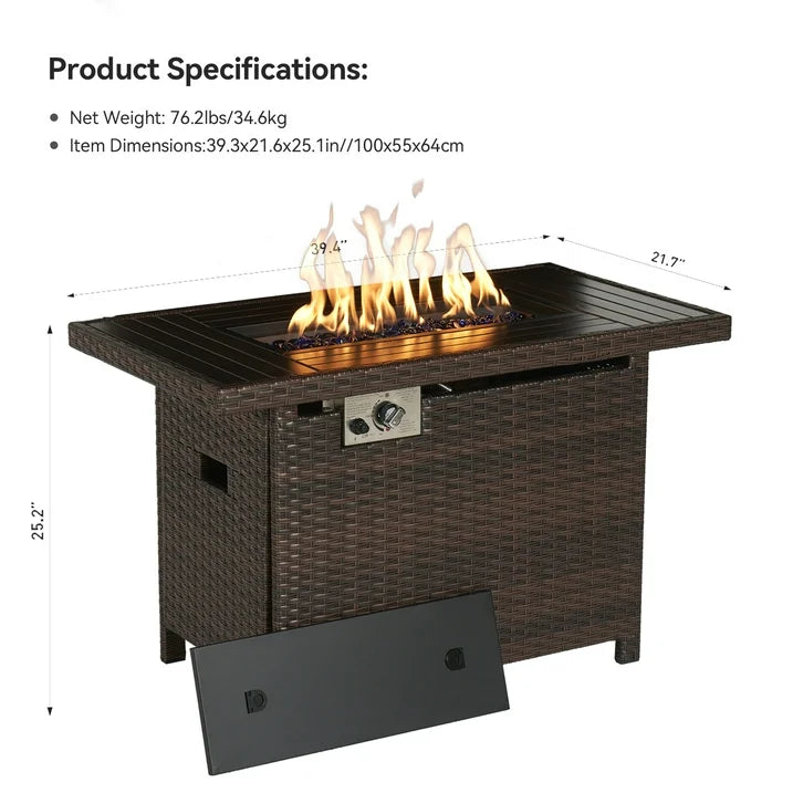 Aoxun Propane Fire Pit Table, 40 in CSA Propane Fire Table Rectangular, 50,000 BTU Auto Ignition Gas Fire Pit for Outside Patio Deck, Brown Wicker