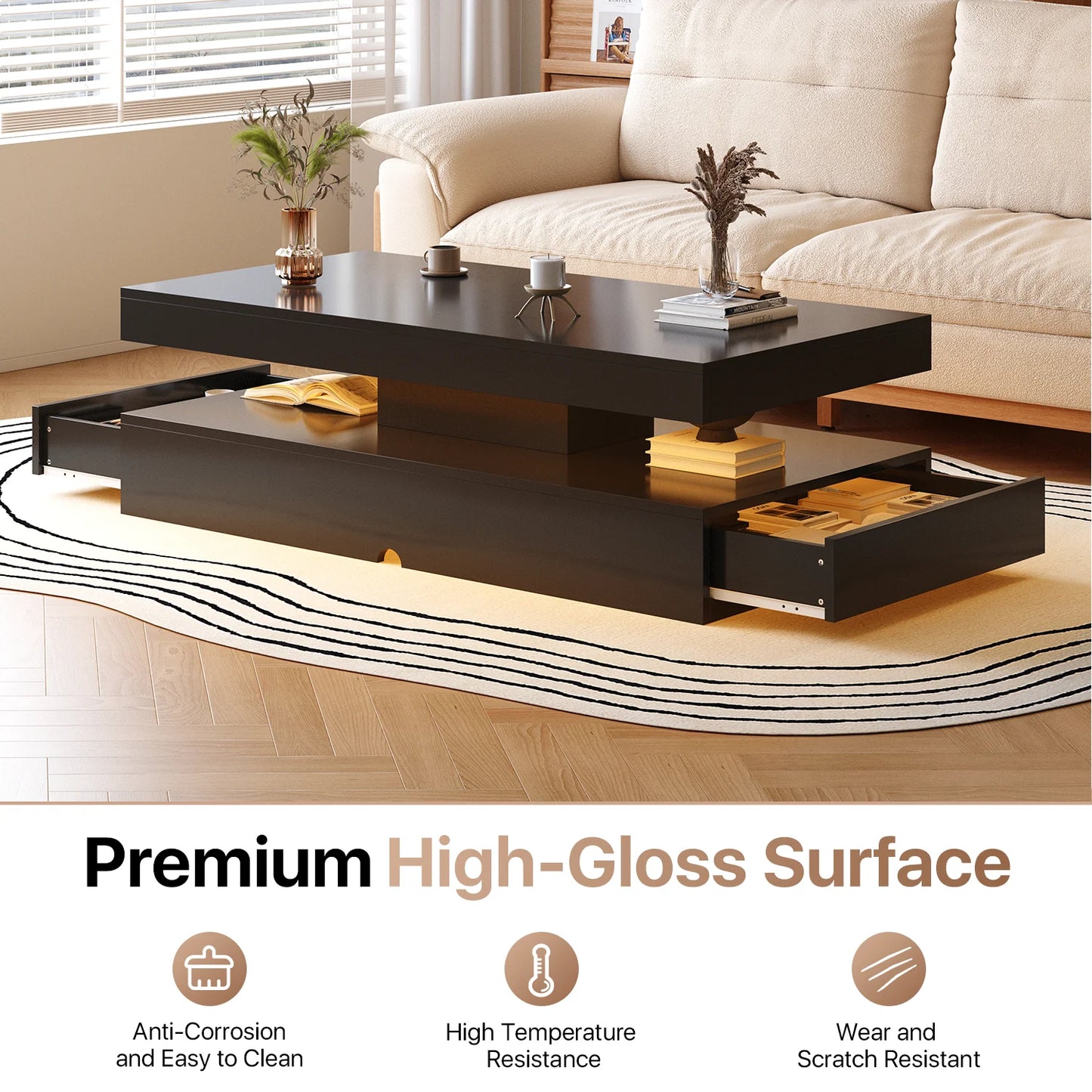 Sonegra 47" High-Glossy LED Coffee Table, Storage Coffee Table with 2 Sliding Drawers for Living Room, Modern Stylish Double-Layer Center Tables with LED Lights, Black