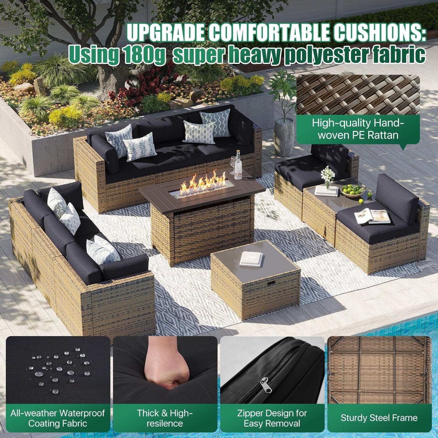 Clouddwell 11 Piece Patio Furniture Set with 44” Fire Pit Table Wicker Rattan Patio Conversation Set Outdoor Sectional Sofa Set with Coffee Table and Black Cushions(Waterproof Cover Included)