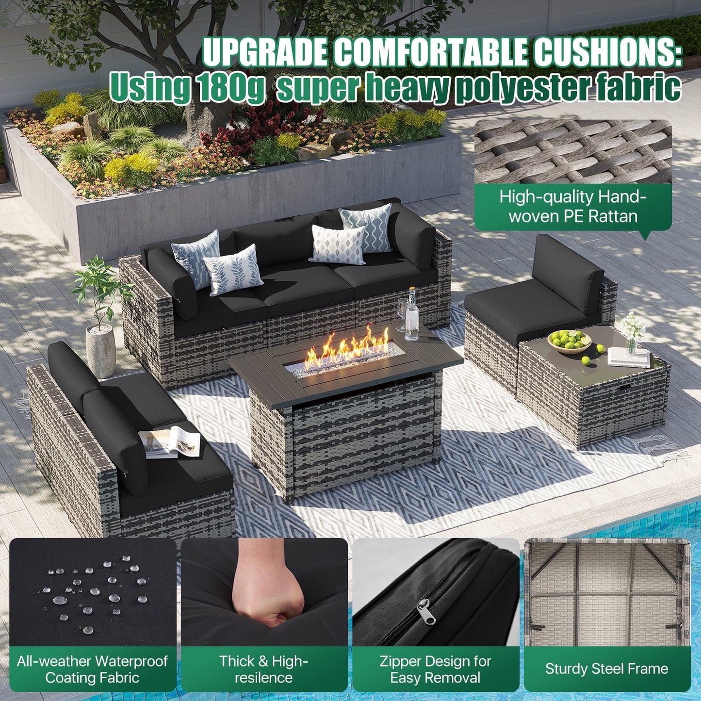 Clouddwell 8 Piece Patio Furniture Set with 44” Fire Pit Table Wicker Rattan Patio Conversation Set Outdoor Sectional Sofa Set with Coffee Table and Black Cushions(Waterproof Cover Included)