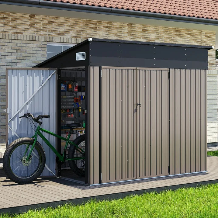 Clouddwell 8ft x 6ft Heavy-Duty Metal Storage Shed with 3 Doors, Lockable Lean-To Design, Weatherproof for Garden & Tools (Brown)