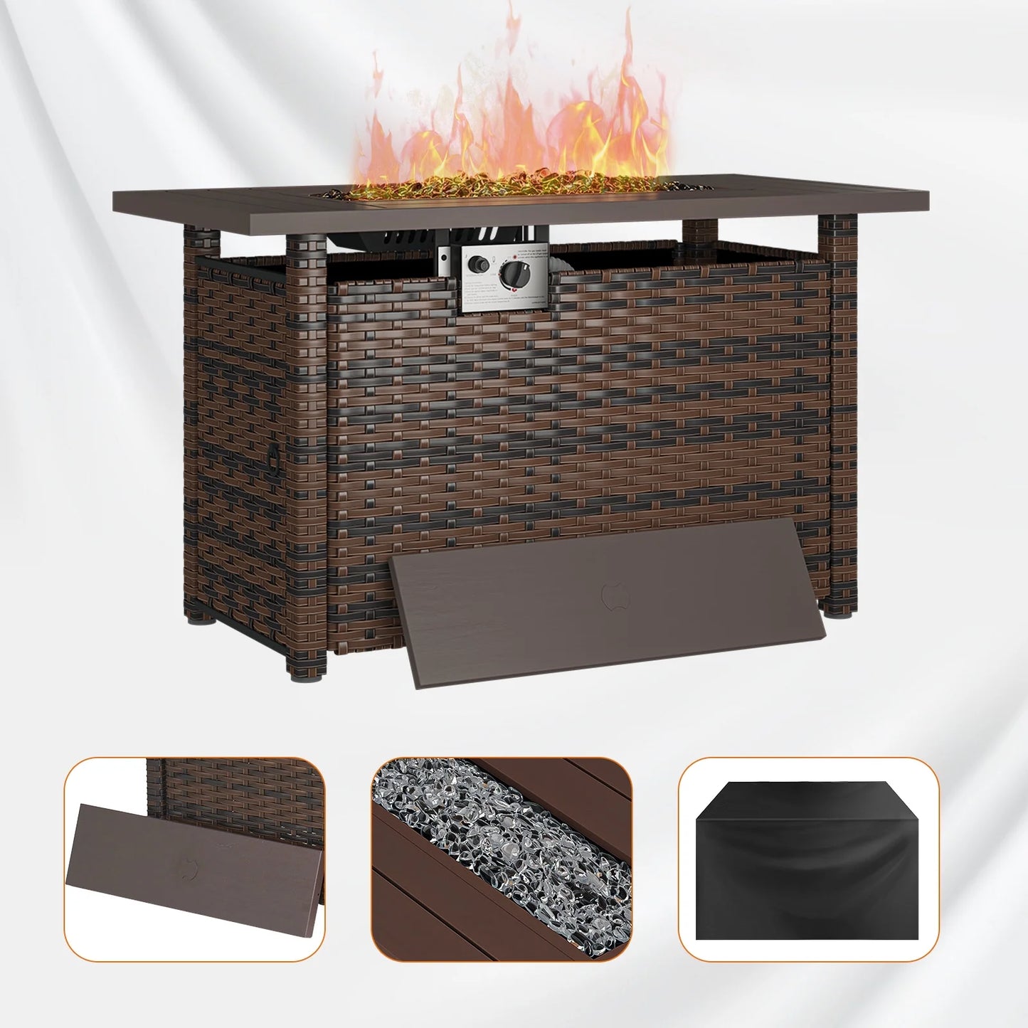 Sunmthink 44'' Fire Table 50,000 BTU Propane Gas Fire Pit Table W/ Cover, Glass Beads, Tank Holder, Gray Wicke