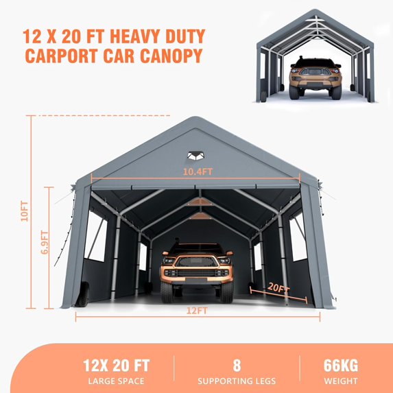 Clouddwell Car Ports 12x20 Heavy Duty,Carports with Sidewalls,Carport Canopy All Weather,Grey