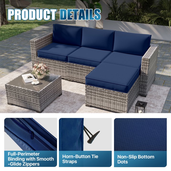 Clouddwell 7-Piece Premium Outdoor Cushion Set, High-Resilience Waterproof Cushions for 4-Seat Wicker Sectional(Navy Blue)