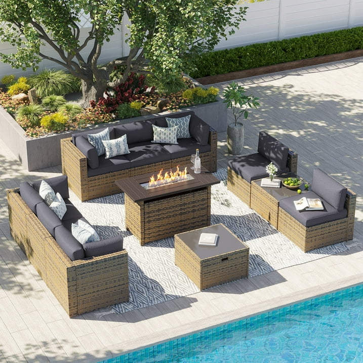 Clouddwell 11 Piece Patio Furniture Set with 44” Fire Pit Table Wicker Rattan Patio Conversation Set Outdoor Sectional Sofa Set with Coffee Table and Gray Cushions(Waterproof Cover Included)