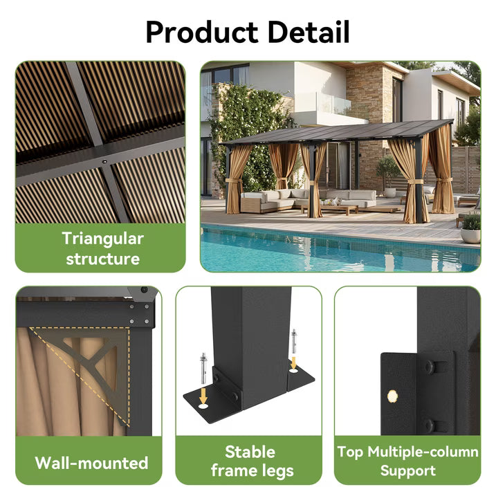 Dateyes 20‘x10’ Wall-Mounted Patio Gazebo with Durable Polycarbonate Roof, Full Bug Screens & Privacy Panels