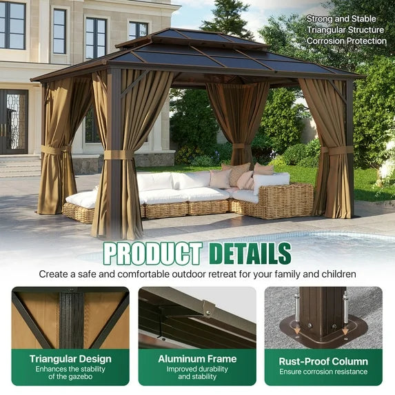 Clouddwell 10'x13' Hardtop Gazebo - Polycarbonate Double Roof with Netting & Curtains for Patio, Garden Sun Protection,Browm
