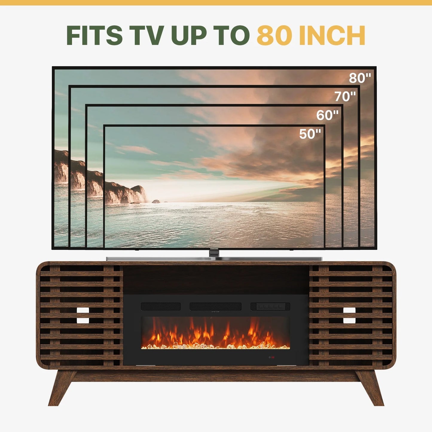 Sonegra Fireplace TV Stand with 36" Electric Fireplace, Mid Century Modern Entertainment Center with Led Lights for 80” TVs , Wood Media Console with Slatted Sliding Doors, for Living Room