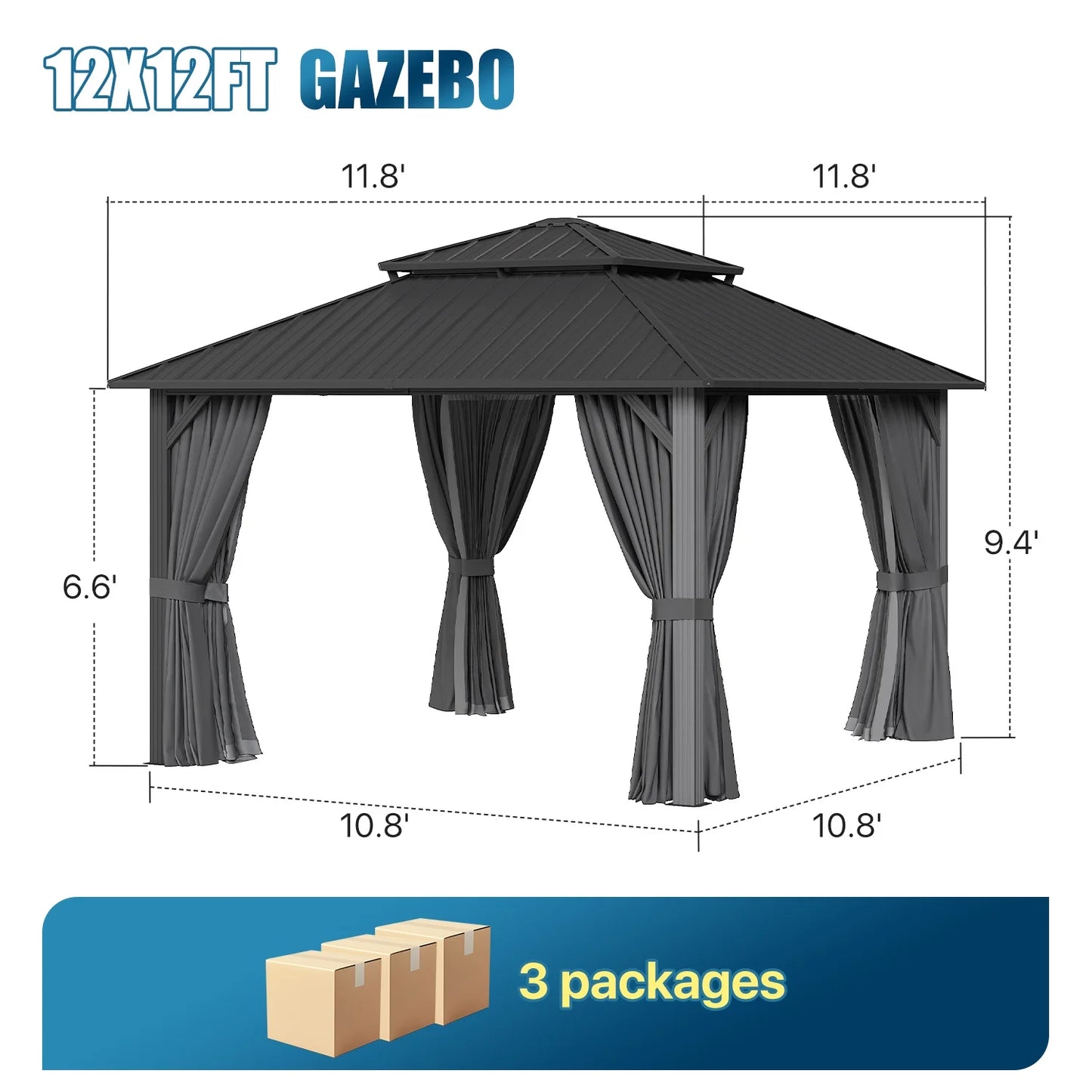 Sunmthink 12' x 12' Hardtop Gazebo with Mosquite Netting, Double Metal Roof for Lawn and Garden, Gray