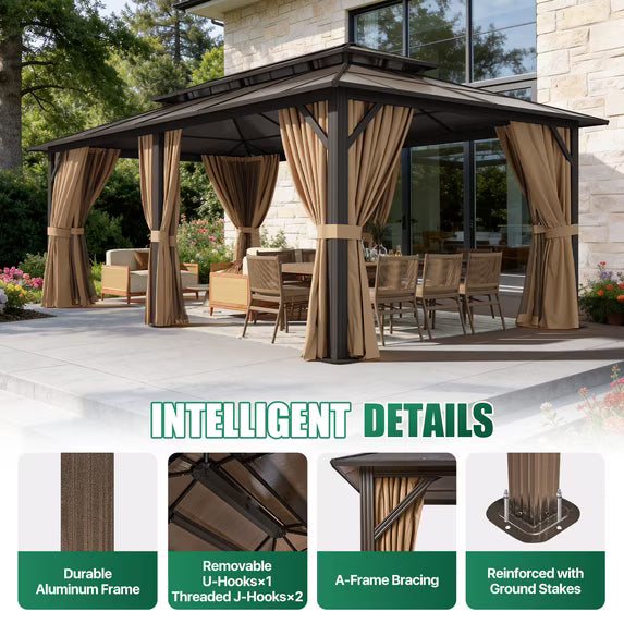 Clouddwell 12'x20' Hardtop Gazebo - Polycarbonate Double Roof with Netting & Curtains for Patio, Garden Sun Protection,Brown