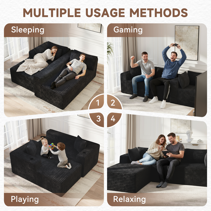 Sunmthink Cloud Couch Corduroy Modular Sectional Sofa L-Shape Boneless Couch with Wide Armrests and Cup Holders for Living Room Bedroom, No Assembly Required (Black)