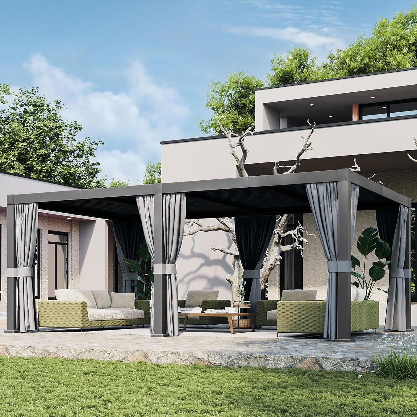 Aoxun 20' x 12' Louvered Pergola, Outdoor Aluminum Pergola with Adjustable Top for Decks, Gardens and Backyards, Gray