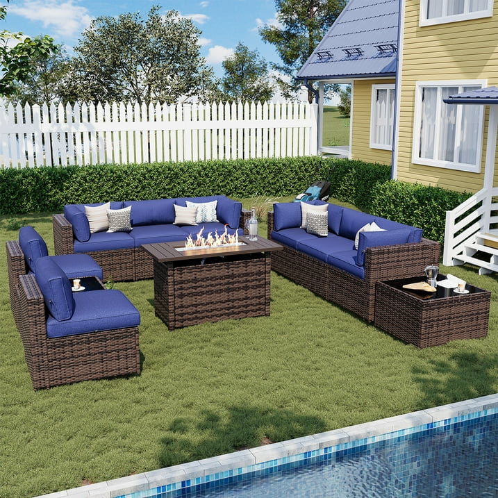 Sunmthink Patio Furniture Sets, 11-Piece Outdoor Patio Furniture with 44'' Propane Gas Firepit Table, Wicker Outdoor Conversation Set and Waterproof Cover for Backyard, Poolside, Garden