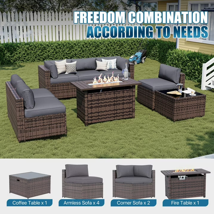Sunmthink 8-Piece Outdoor Patio Furniture, Patio Furniture Sets with Fire Pit, Wicker Outdoor Conversation Set and Waterproof Cover