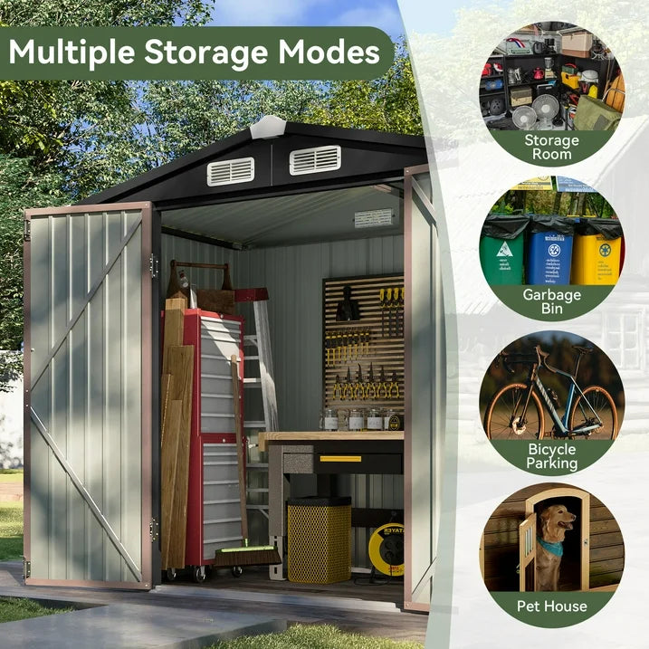 Aoxun 6 x 4 ft Outdoor Metal Storage Shed with Lock, Galvanized Metal Shed with Air Vents, Brown