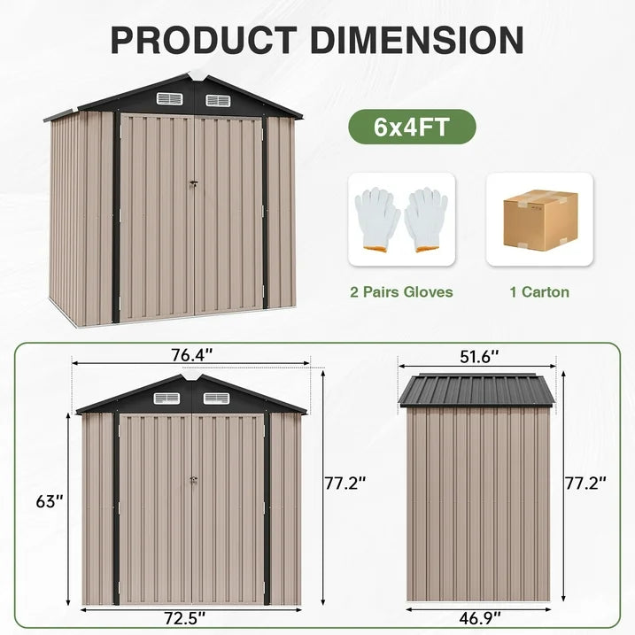 Sunmthink 6X4FT Outdoor Storage Shed with Plastic Floor, Metal Tool Shed with Lockable Door and Vents, Patio Shed for Garden, Backyard, Poolside, Brown