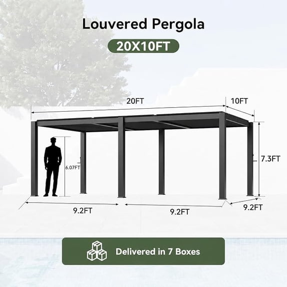 Clouddwell Louvered Pergola with Adjustable Top, 20'x10' Outdoor Metal Pergola, Gray, for Patio, Garden and Backyard