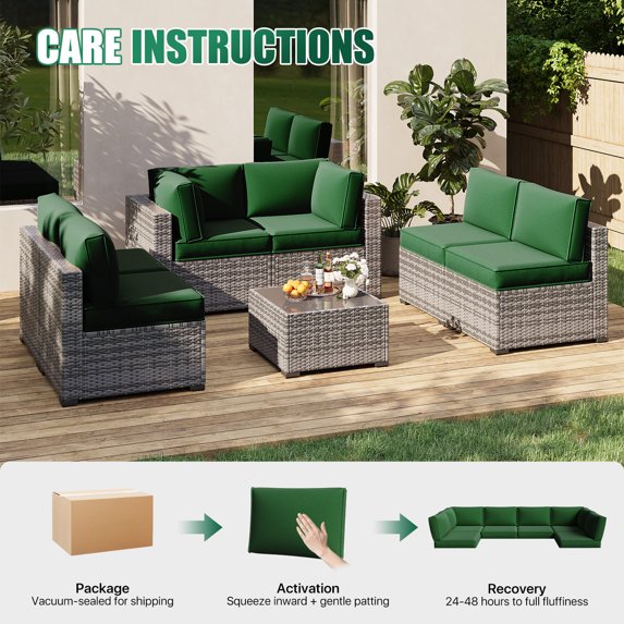 Clouddwell 14-Piece Premium Outdoor Cushion Set, High-Resilience Waterproof Cushions for 6-Seat Wicker Sectional, Comfort Upgrade (Black Green)