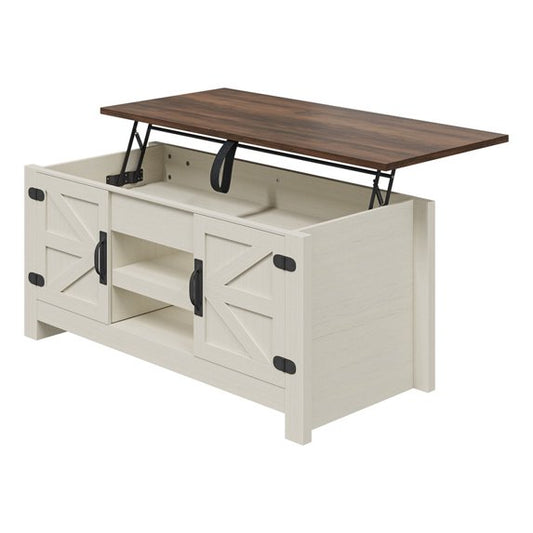 Sonergra Lift Top Coffee Table with Storage, Farmhouse Living Room Table with Charging Station & Barn Doors, White