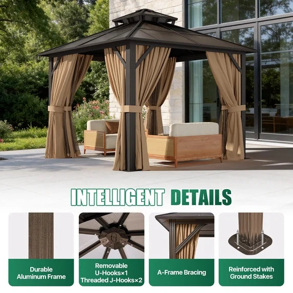 Clouddwell 10'x10' Hardtop Gazebo - Polycarbonate Double Roof with Netting & Curtains for Patio, Garden Sun Protection,Brown